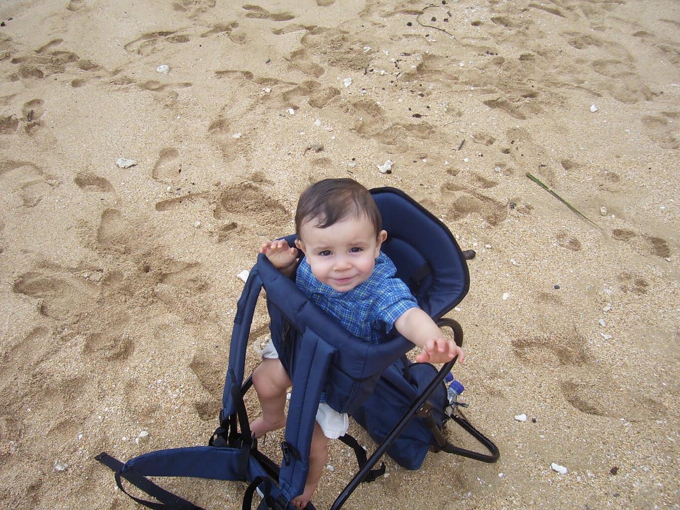 a baby in a hiking backpack