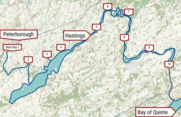 A map of the 10 day trips that Paul Baines and his friends took to explore the route from Peterborough to the Bay of Quinte. (Graphic: Paul Baines / Open Street Maps)